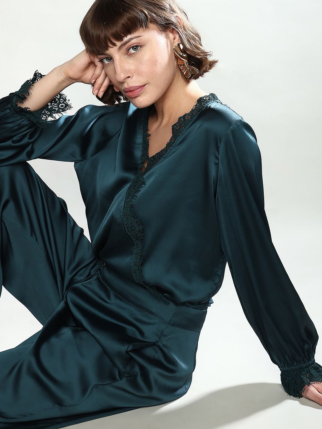 Dark Green Lace Trim Co-Ord Set Top