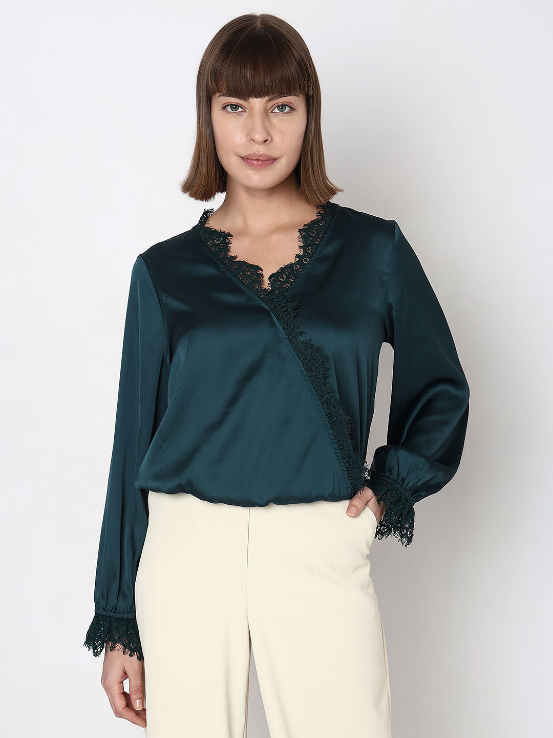 Dark Green Lace Trim Co-Ord Set Top