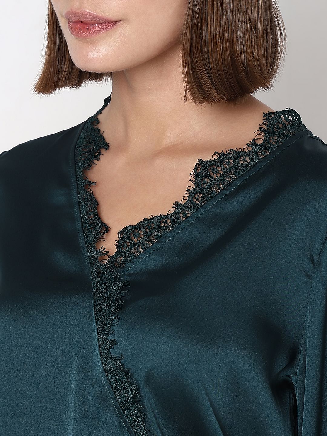 Dark Green Lace Trim Co-Ord Set Top