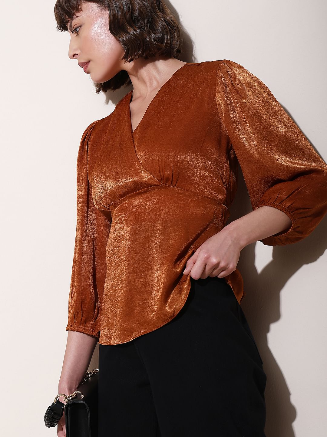 Copper Velvet Satin Wrap Top