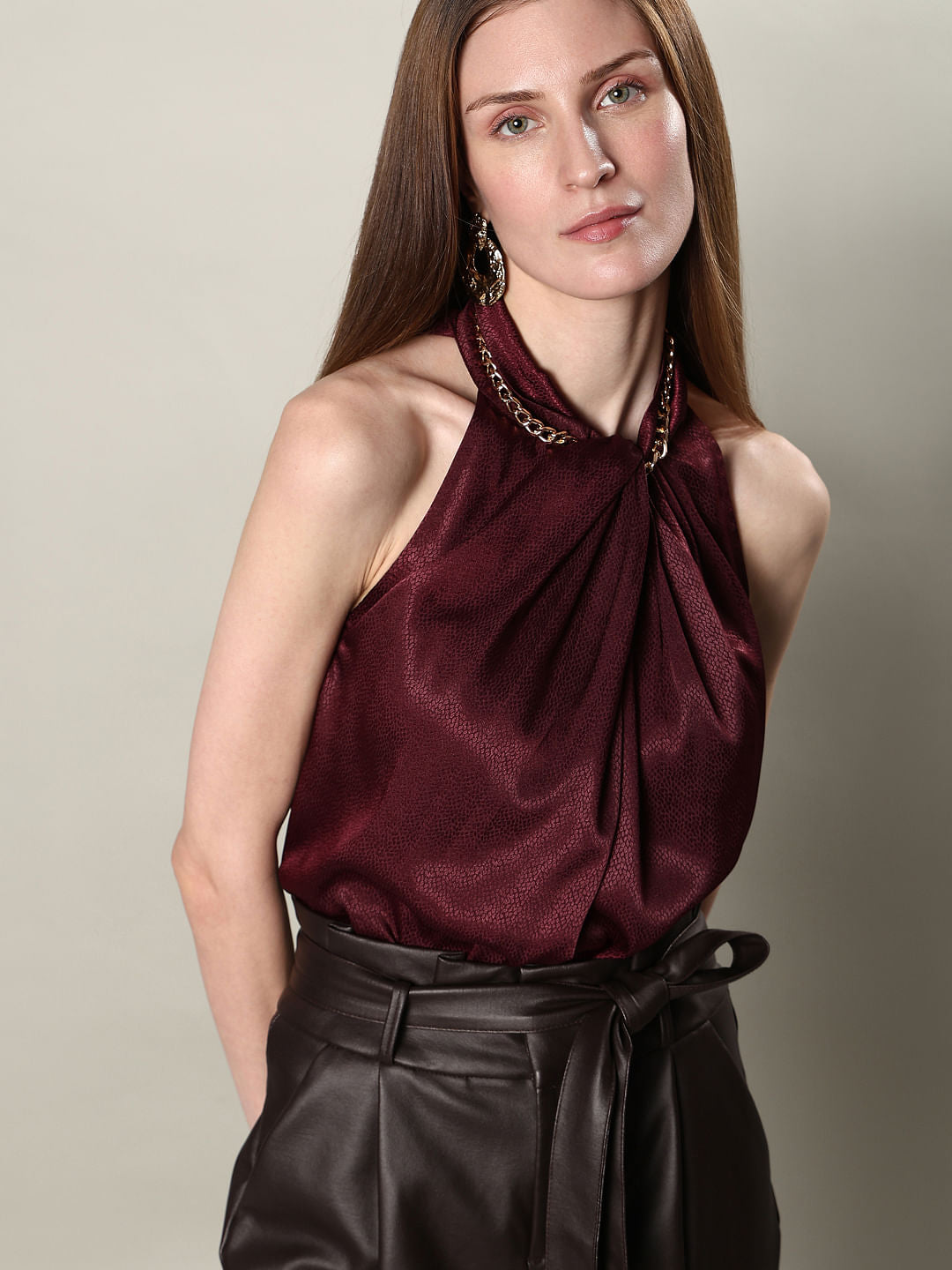 Maroon Satin Halter Neck Top