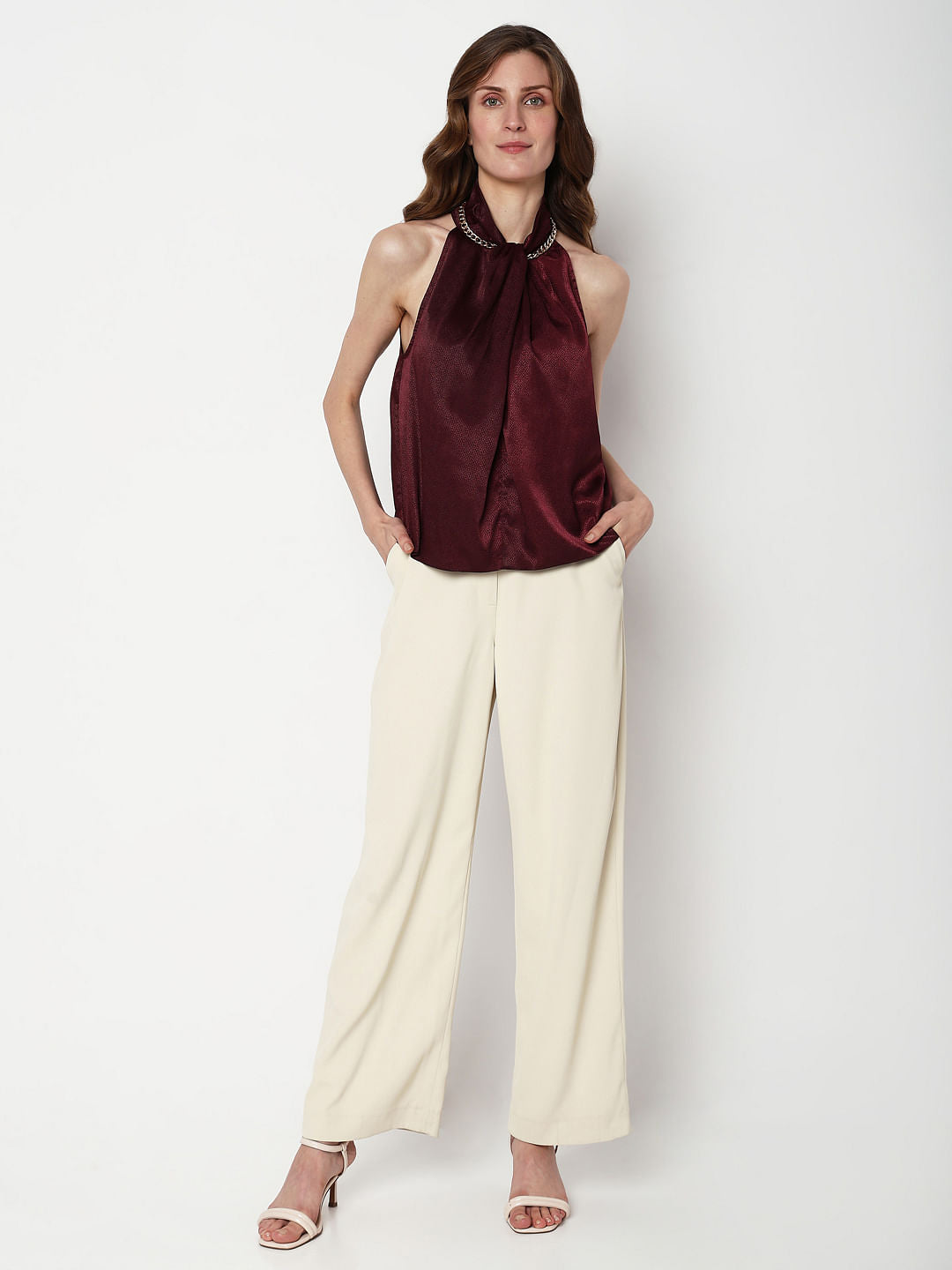 Maroon Satin Halter Neck Top