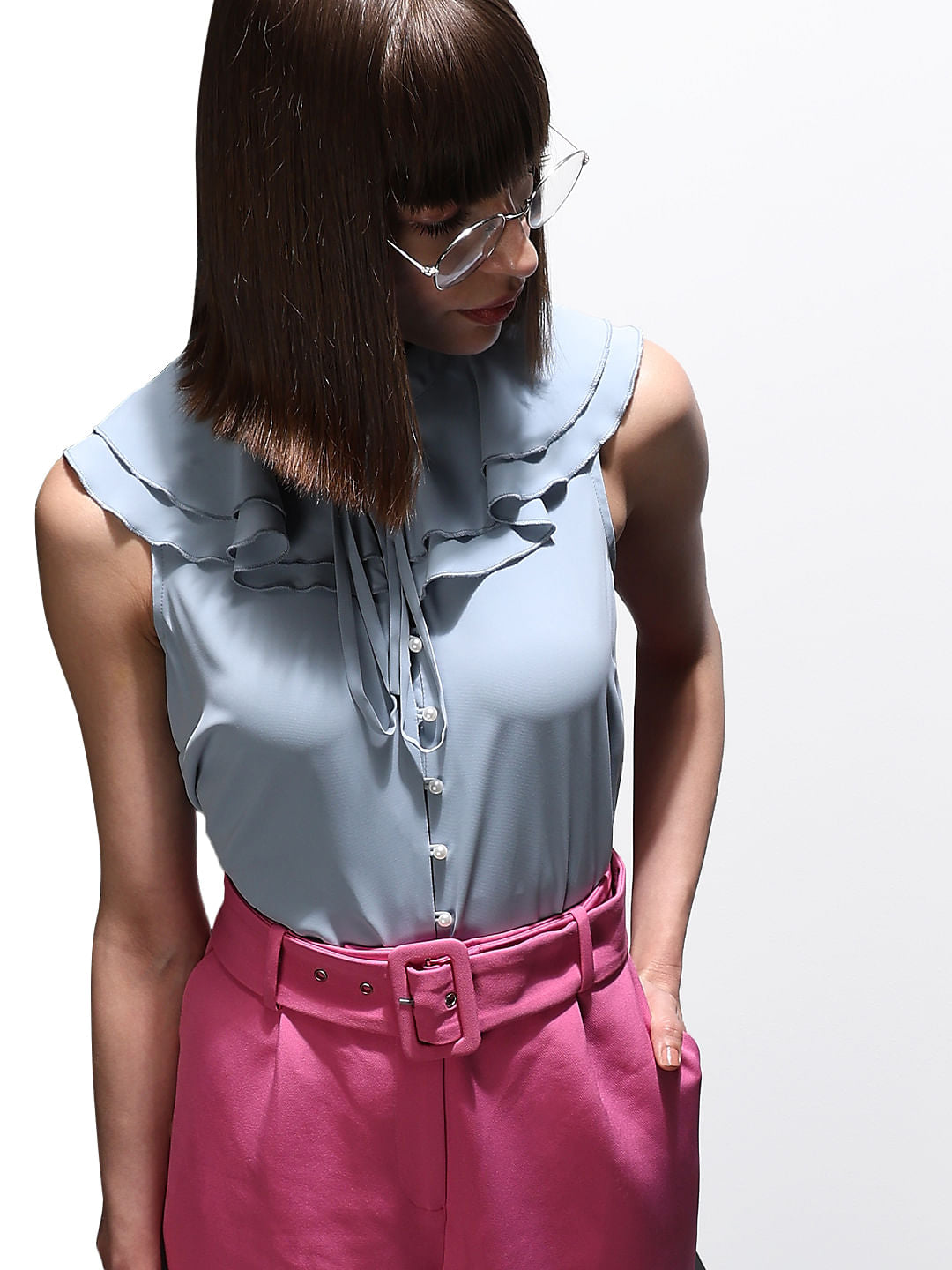 Light Blue Ruffle Neck Top