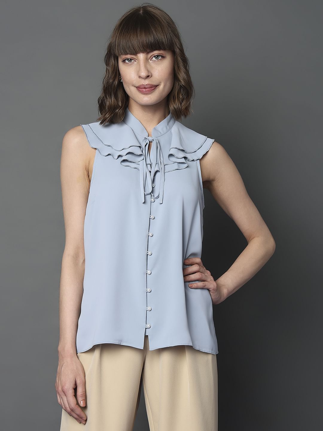 Light Blue Ruffle Neck Top