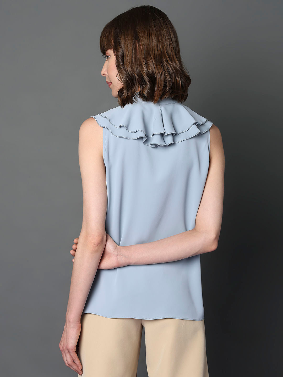 Light Blue Ruffle Neck Top