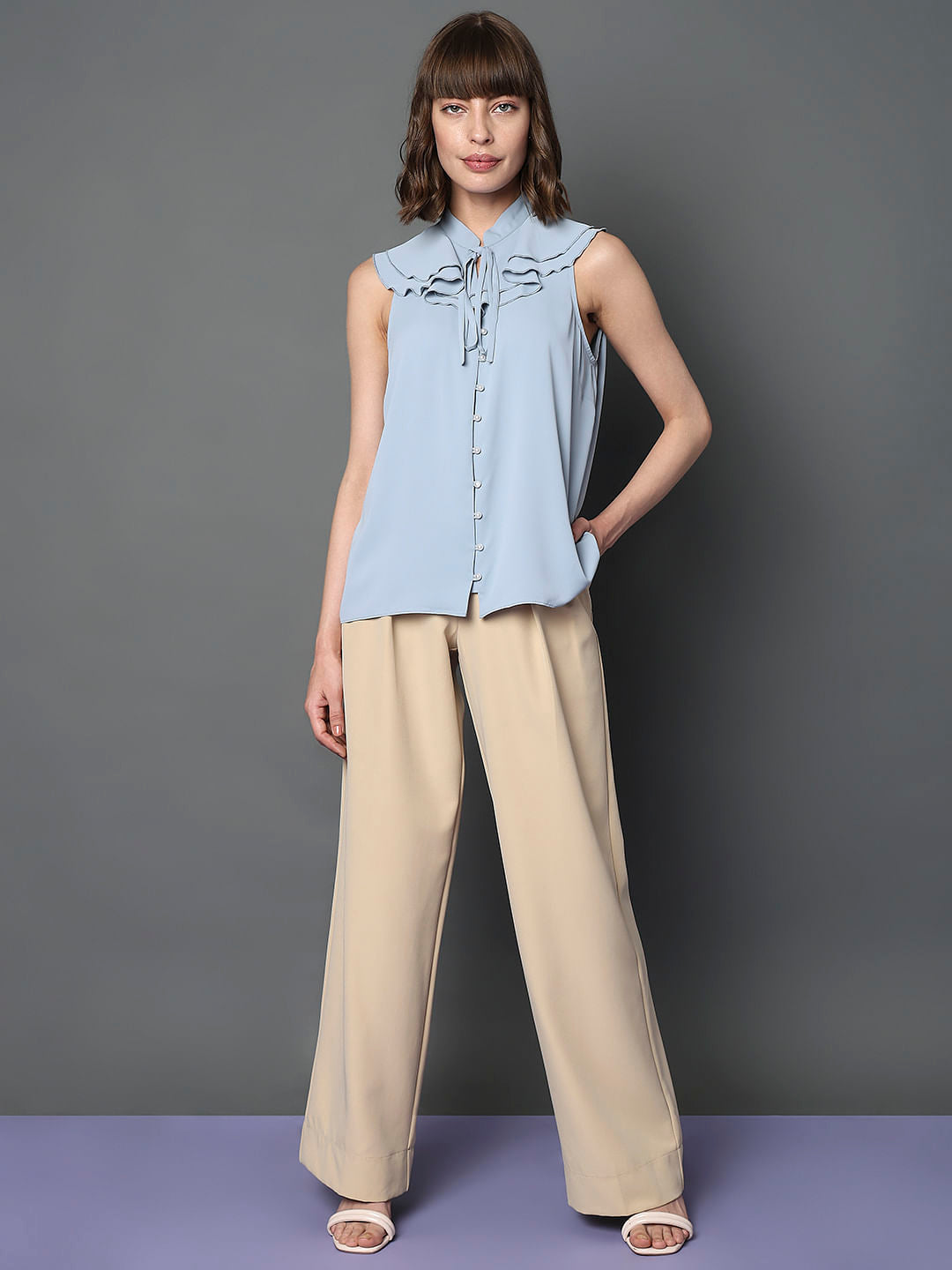 Light Blue Ruffle Neck Top