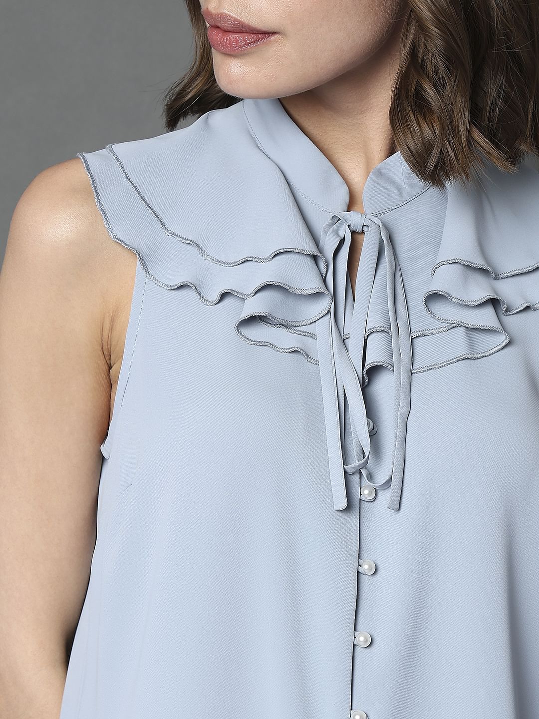 Light Blue Ruffle Neck Top