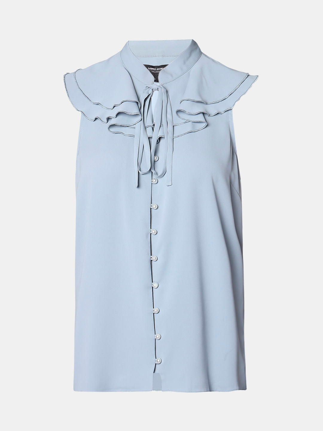 Light Blue Ruffle Neck Top