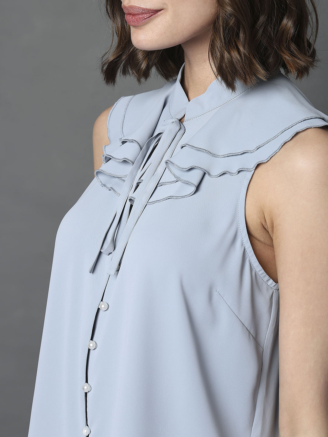 Light Blue Ruffle Neck Top