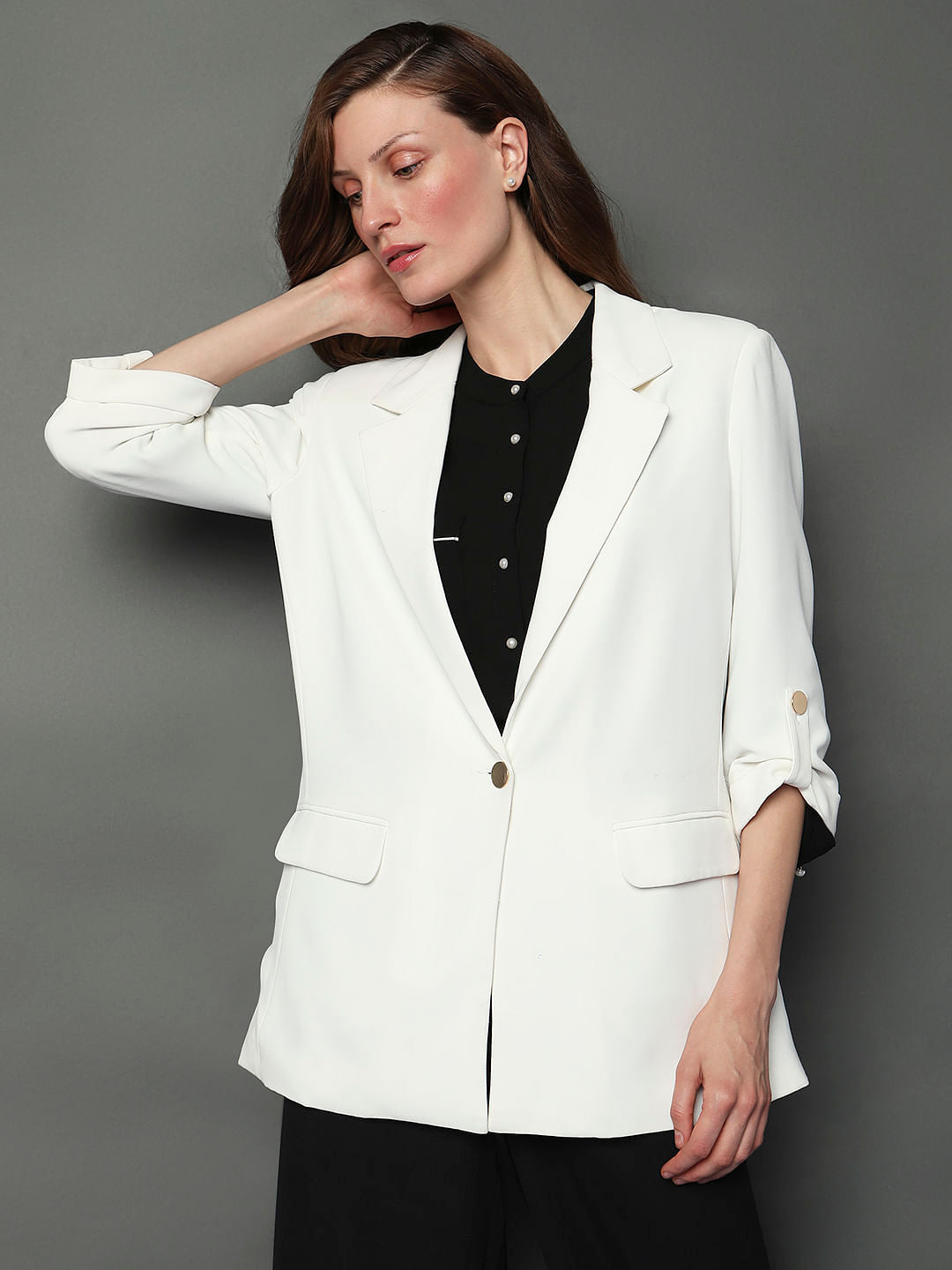 White 3/4Th Sleeves Formal Blazer