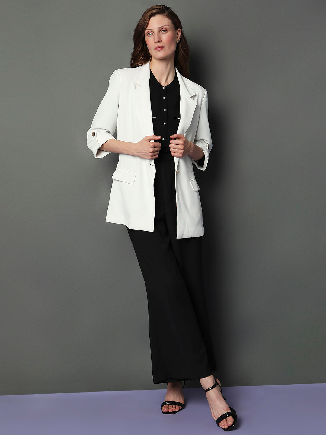 White 3/4Th Sleeves Formal Blazer