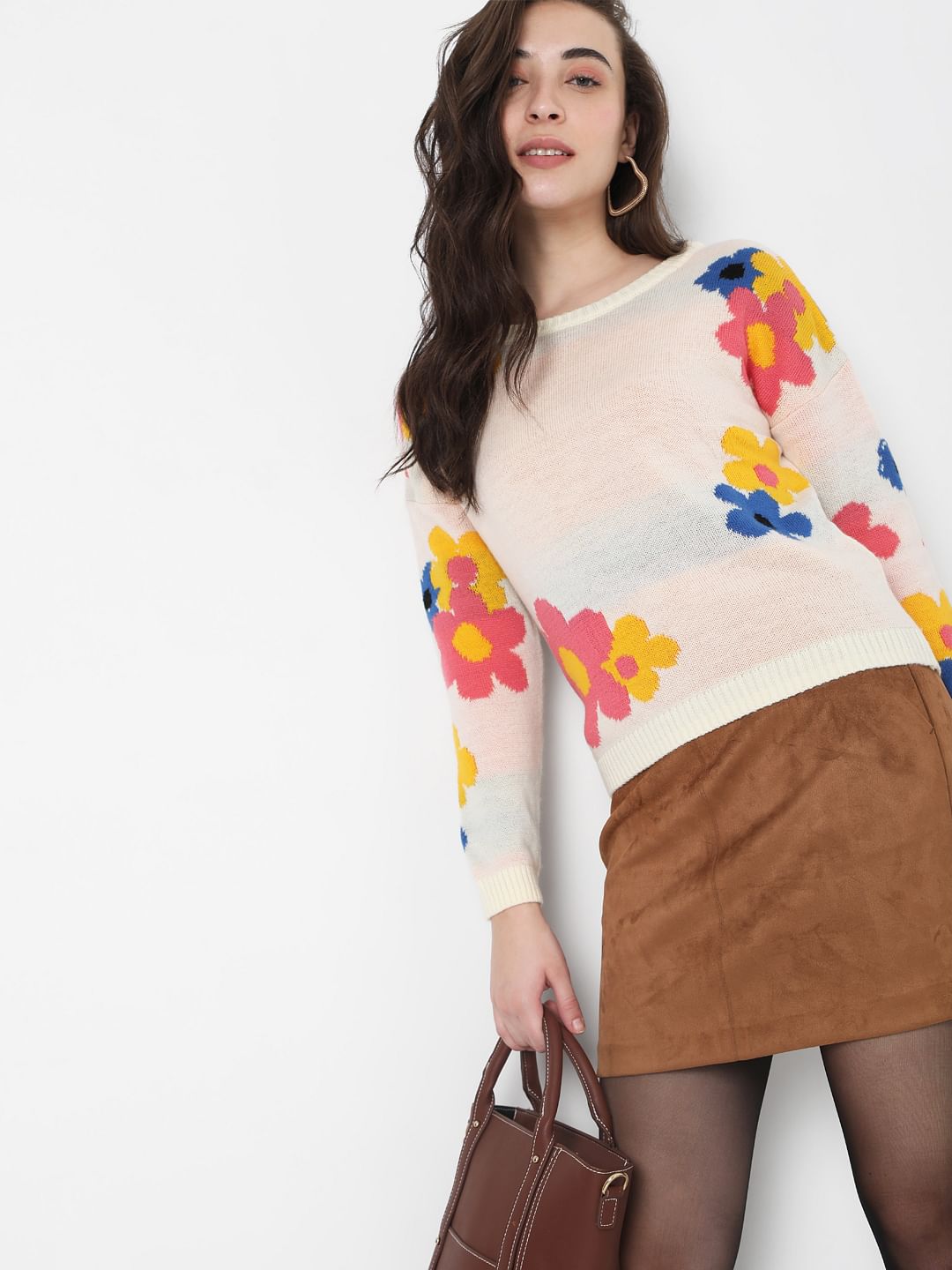 Beige Floral Jacquard Sweater