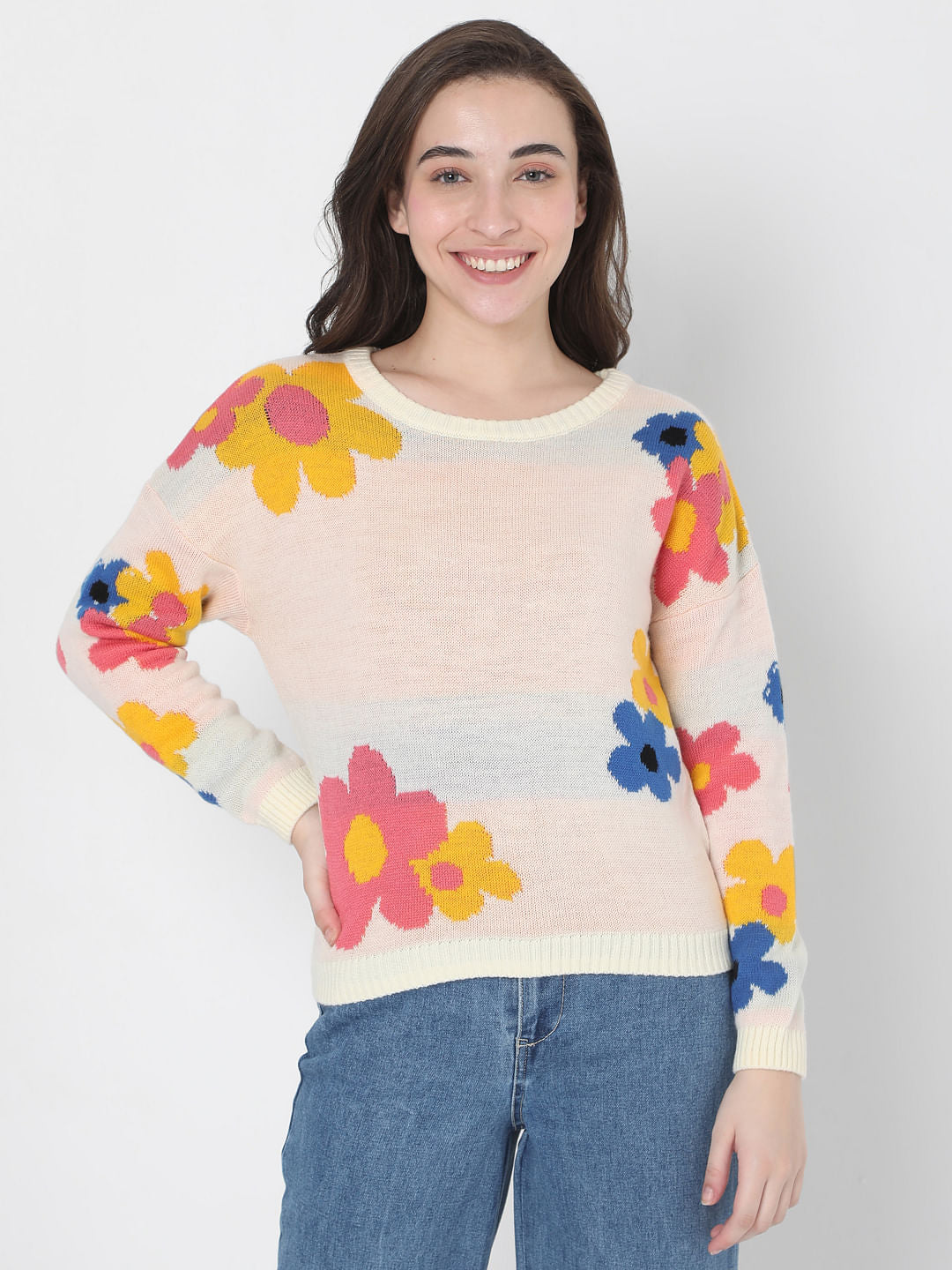 Beige Floral Jacquard Sweater