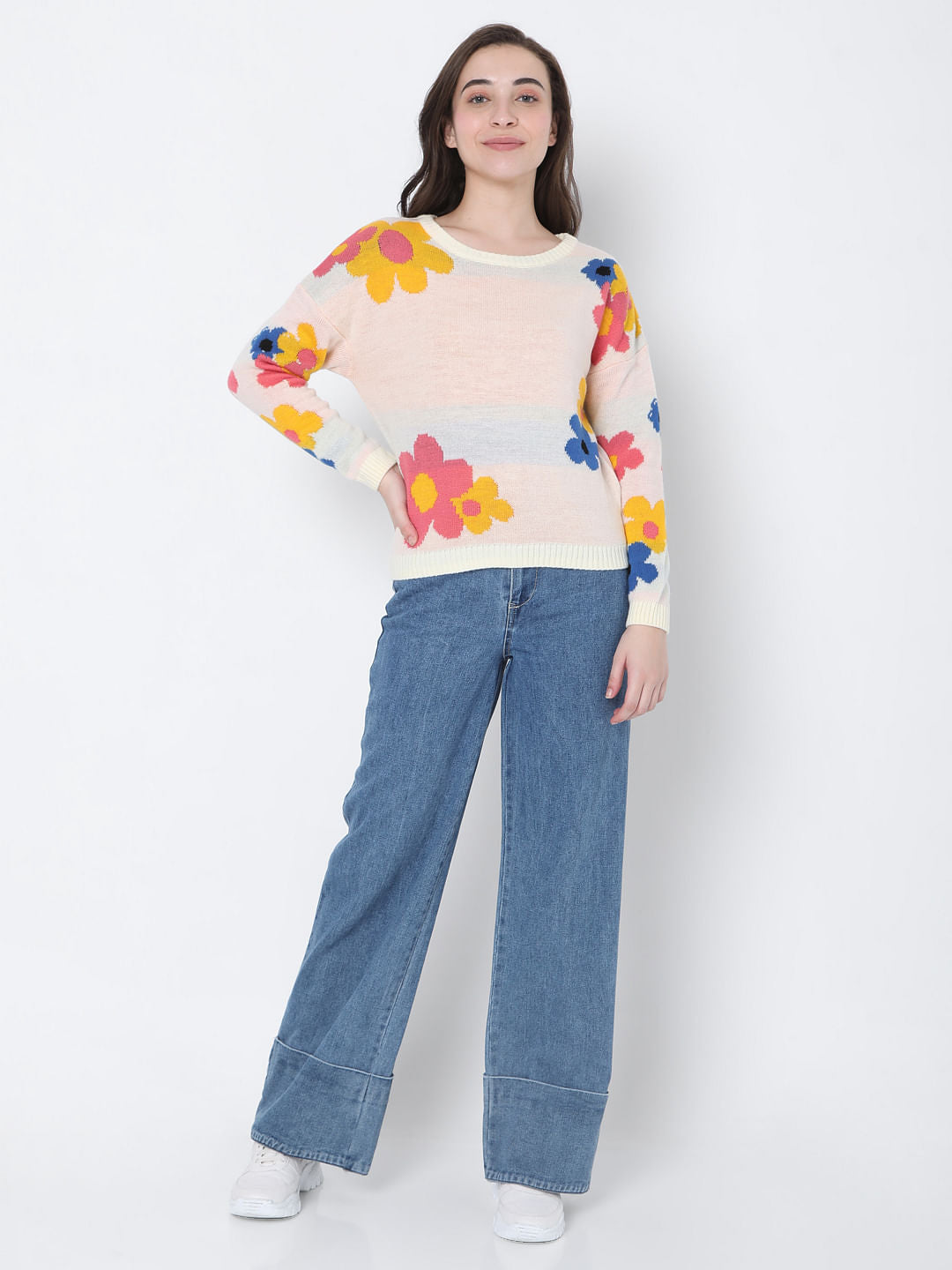 Beige Floral Jacquard Sweater