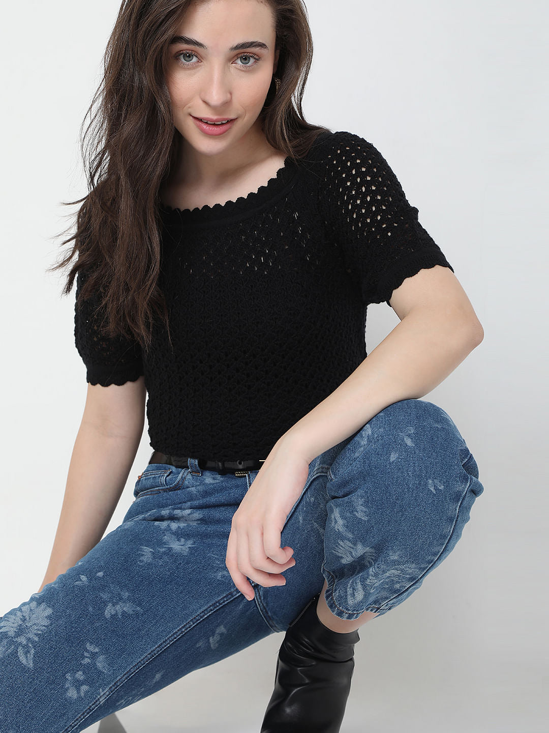 Black Schiffli Knit Top