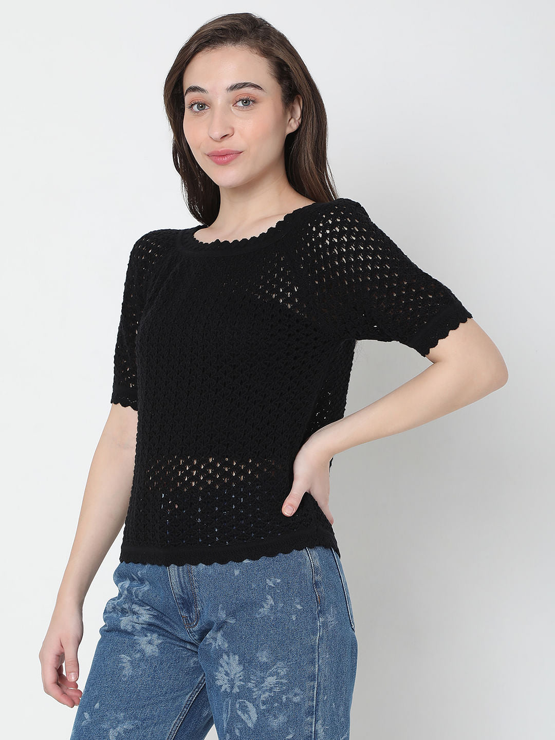 Black Schiffli Knit Top