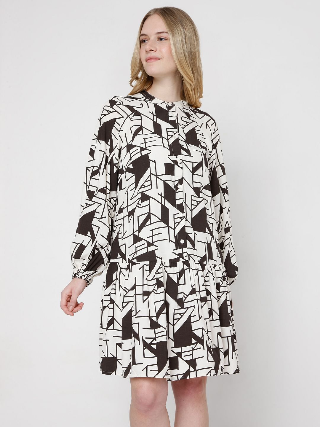 Off White & Black Printed Shirt Dress