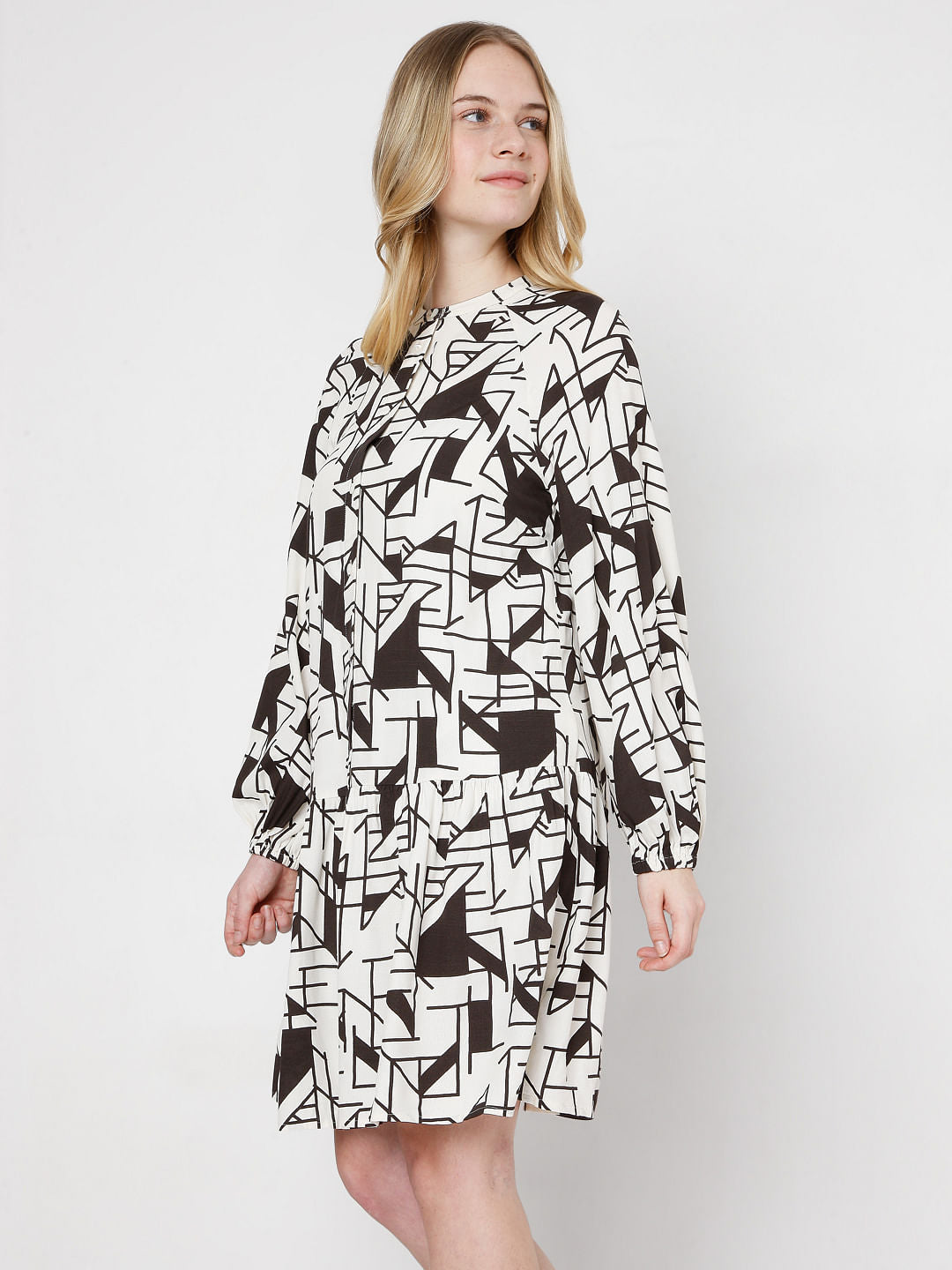 Off White & Black Printed Shirt Dress