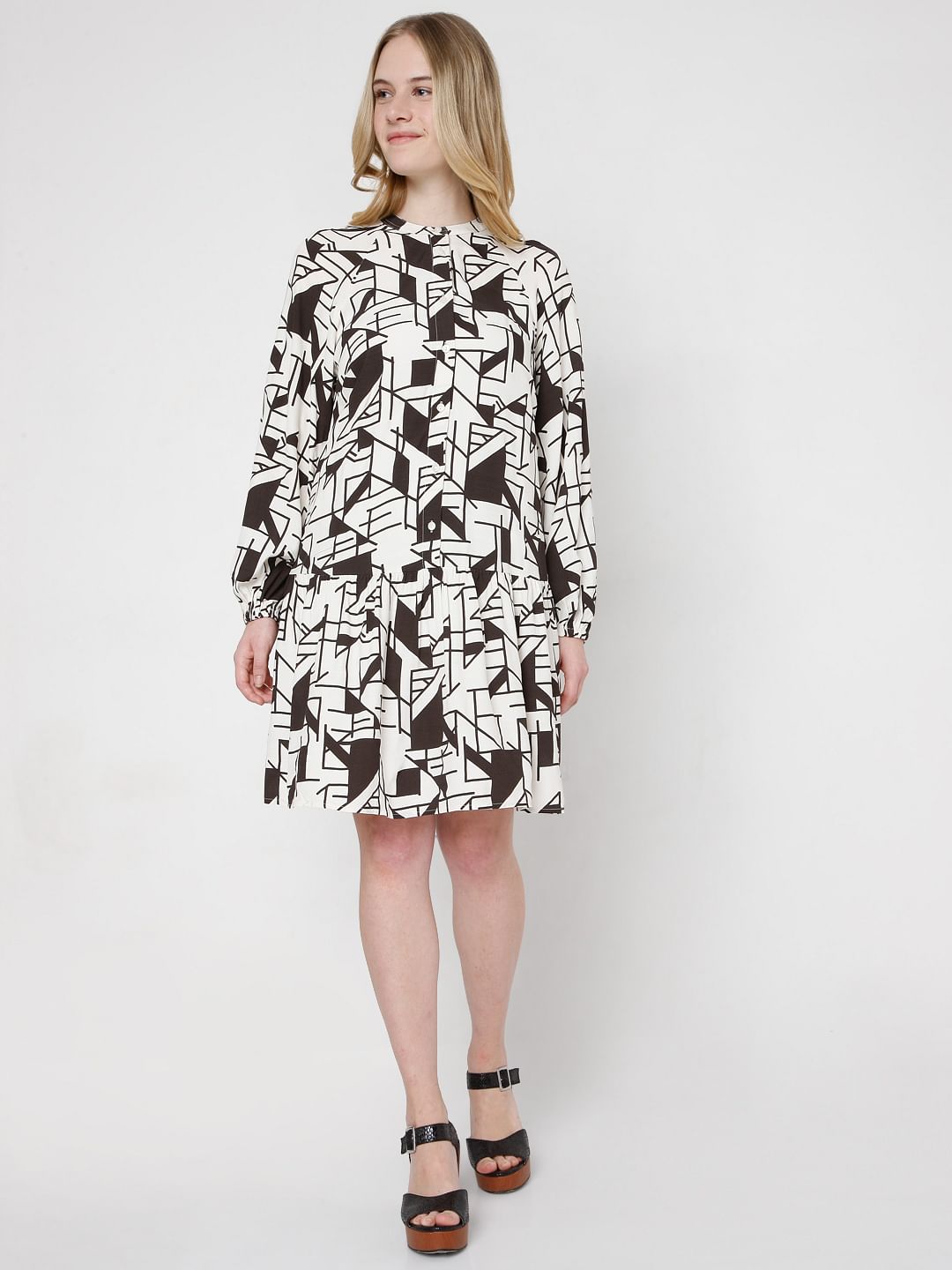 Off White & Black Printed Shirt Dress