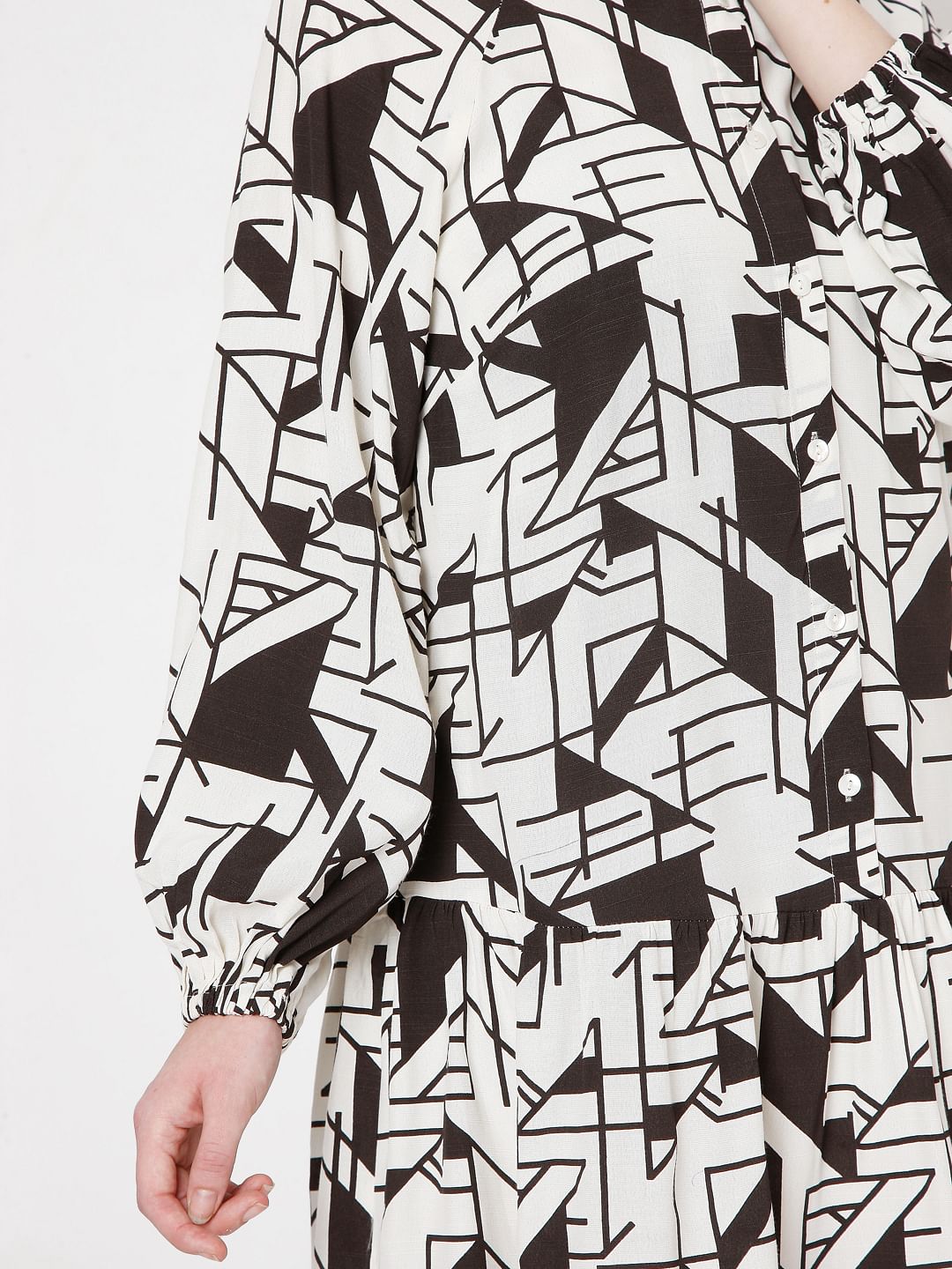 Off White & Black Printed Shirt Dress