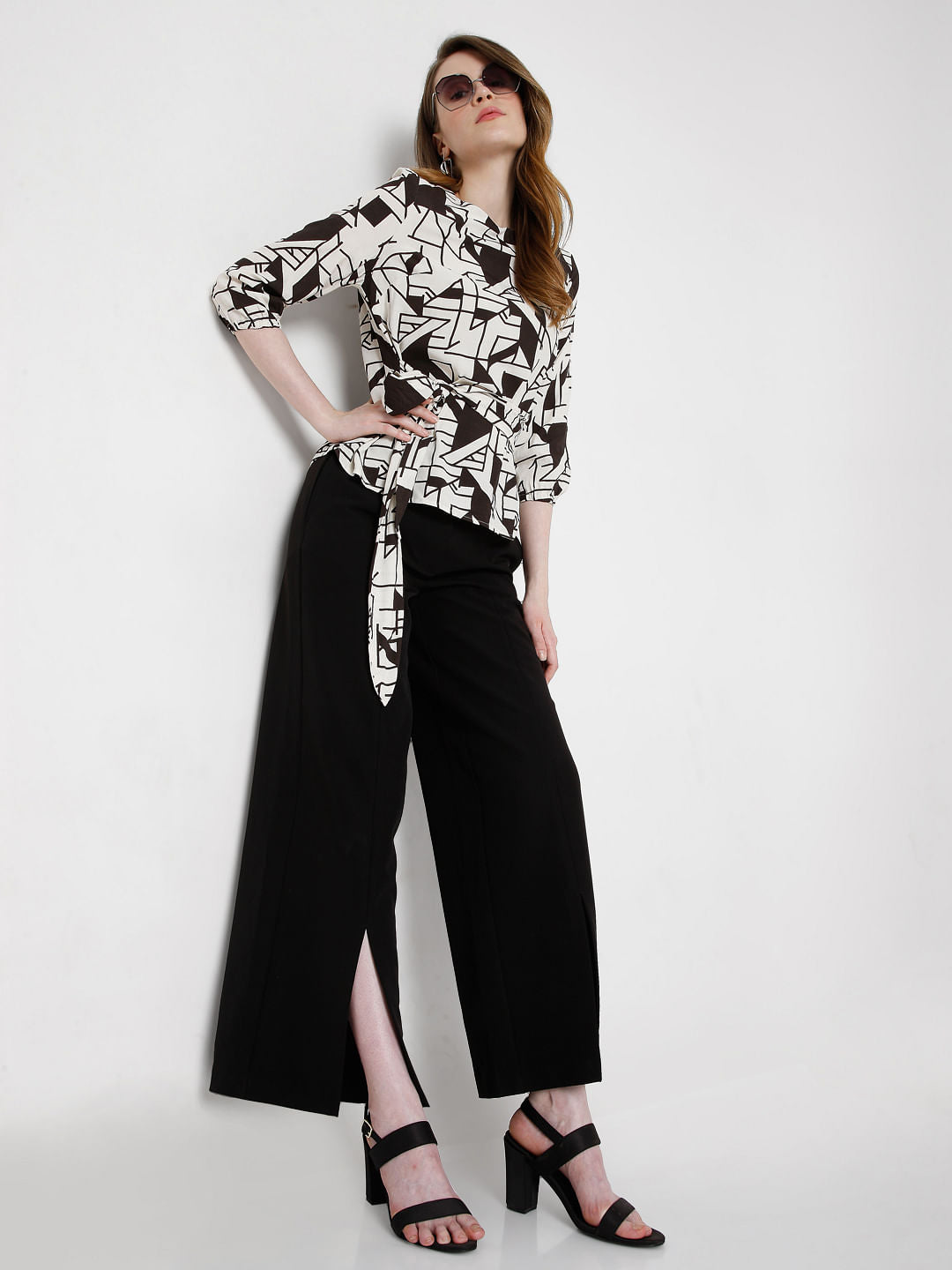 Off White Printed Tie Up Top