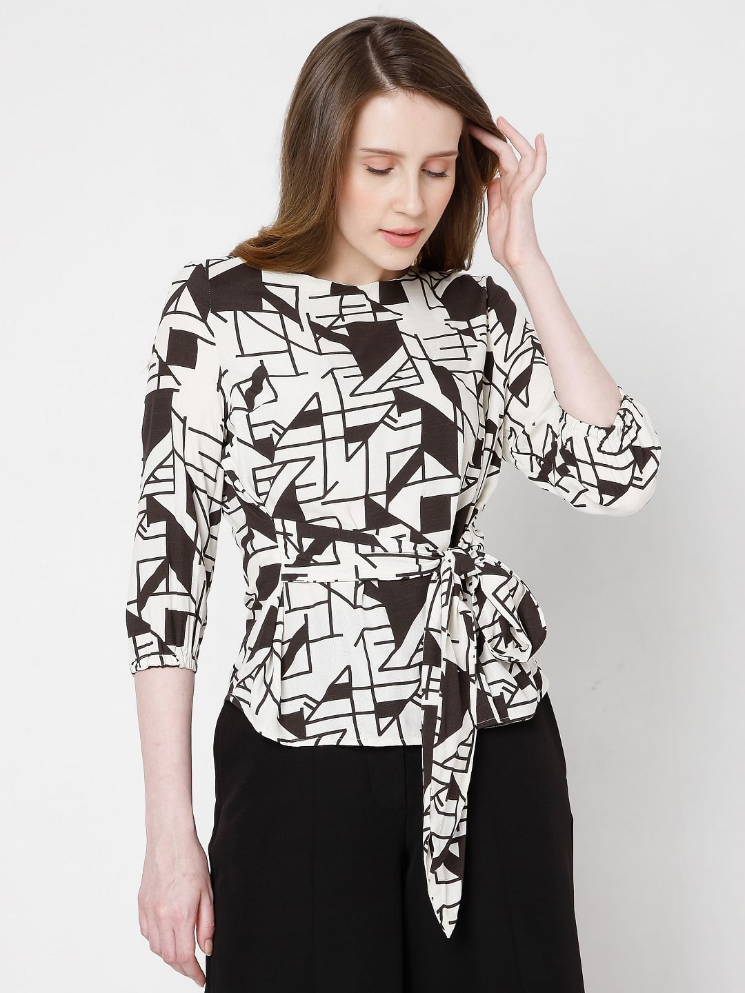 Off White Printed Tie Up Top