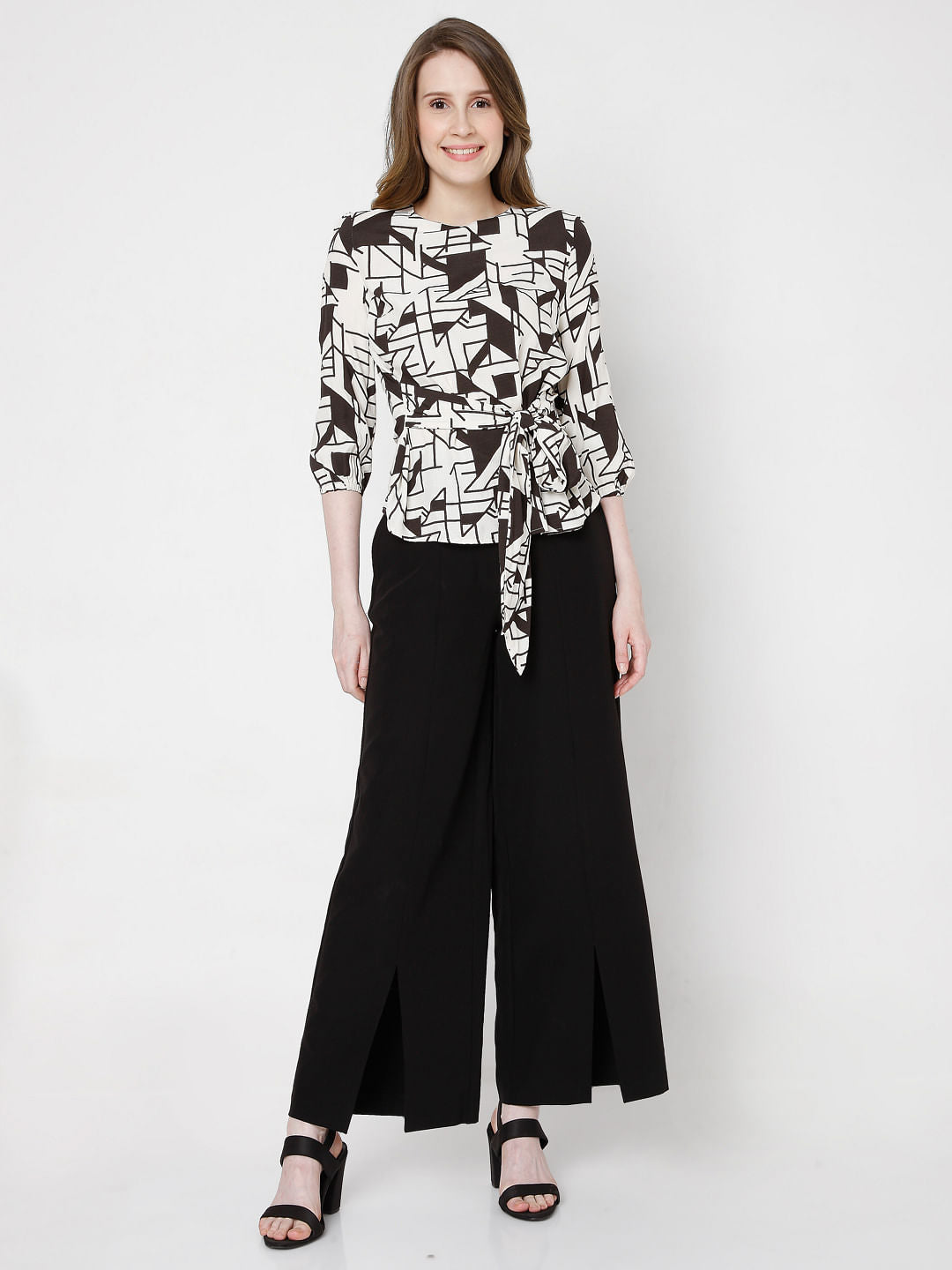 Off White Printed Tie Up Top