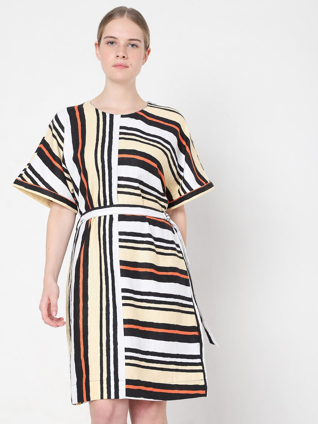 White Asymmetrical Striped Fit & Flare Dress