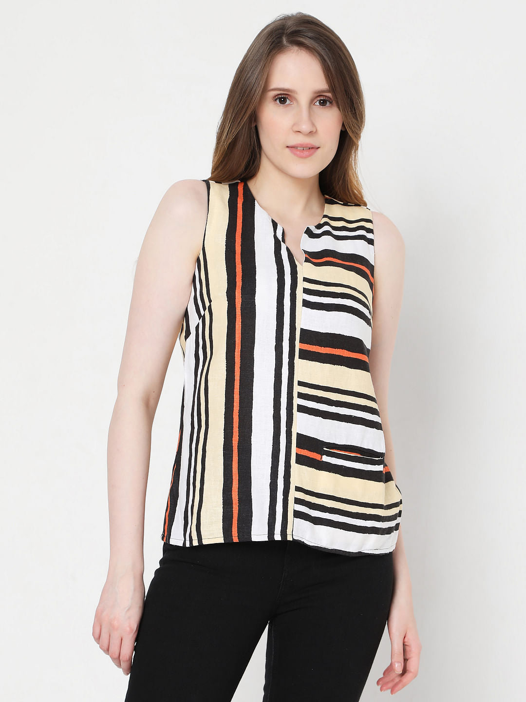 White Asymmetrical Striped Linen Top