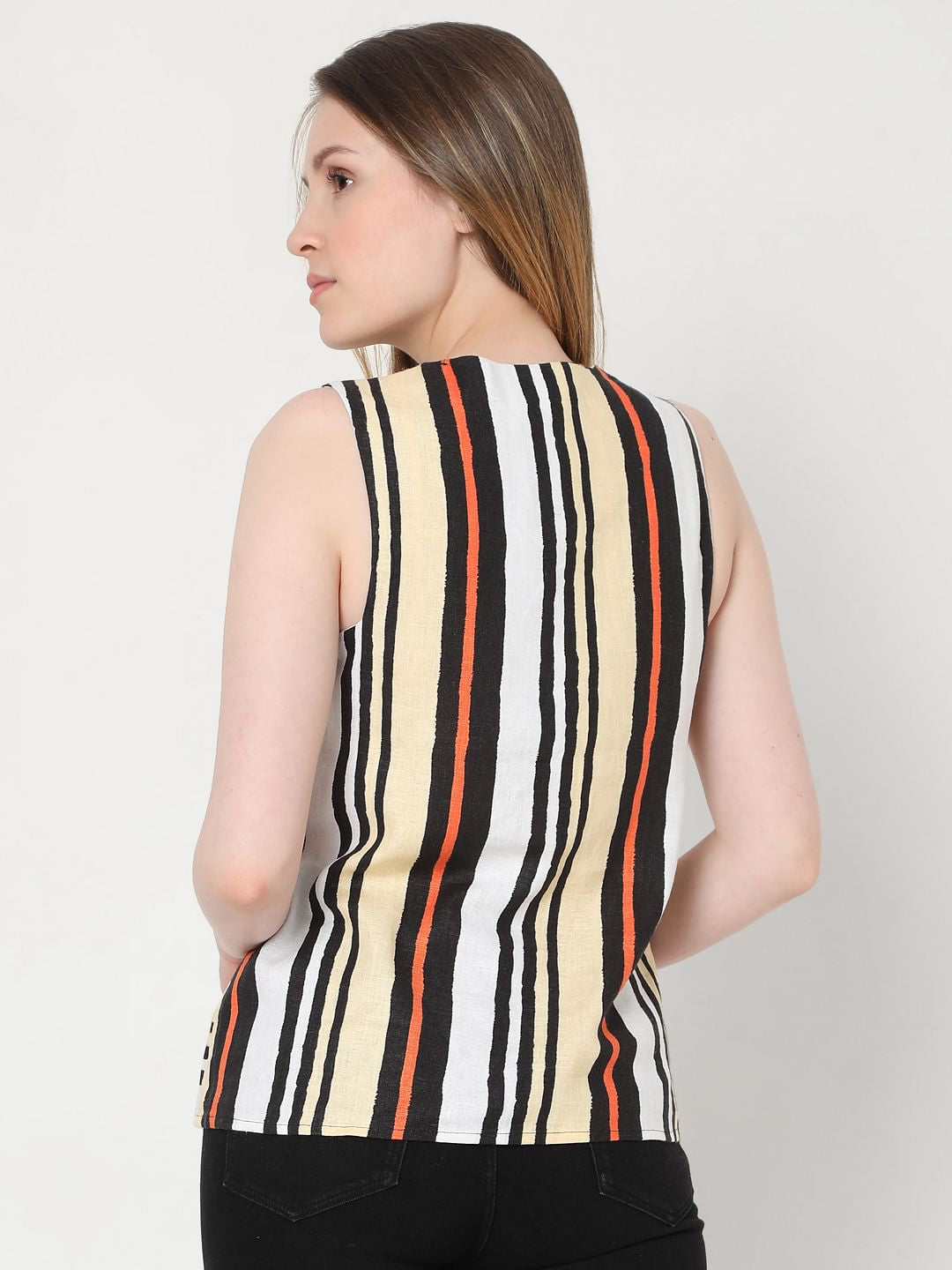 White Asymmetrical Striped Linen Top