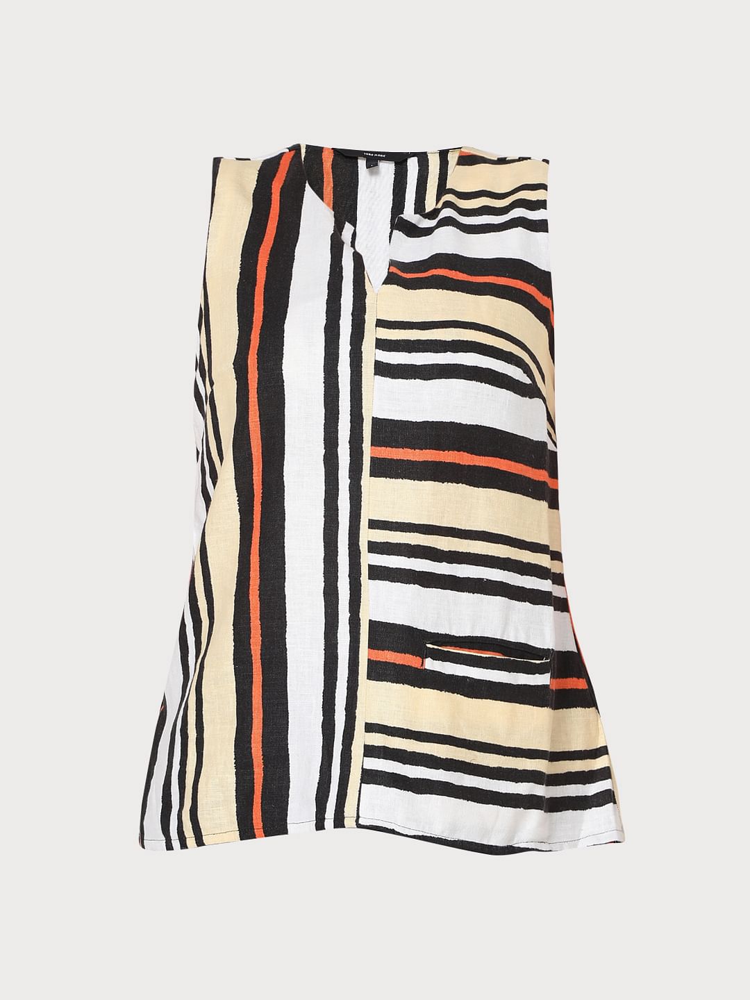 White Asymmetrical Striped Linen Top