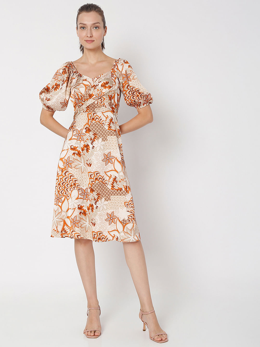Brown Printed Midi Dress
