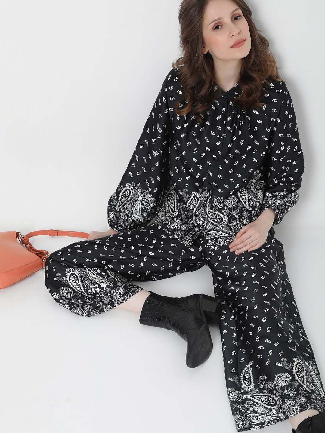 Black Paisley Print Co-Ord Top