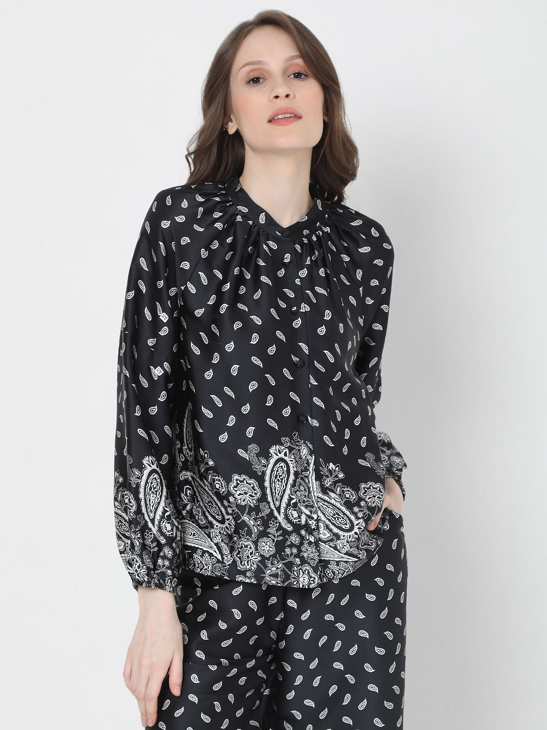 Black Paisley Print Co-Ord Top
