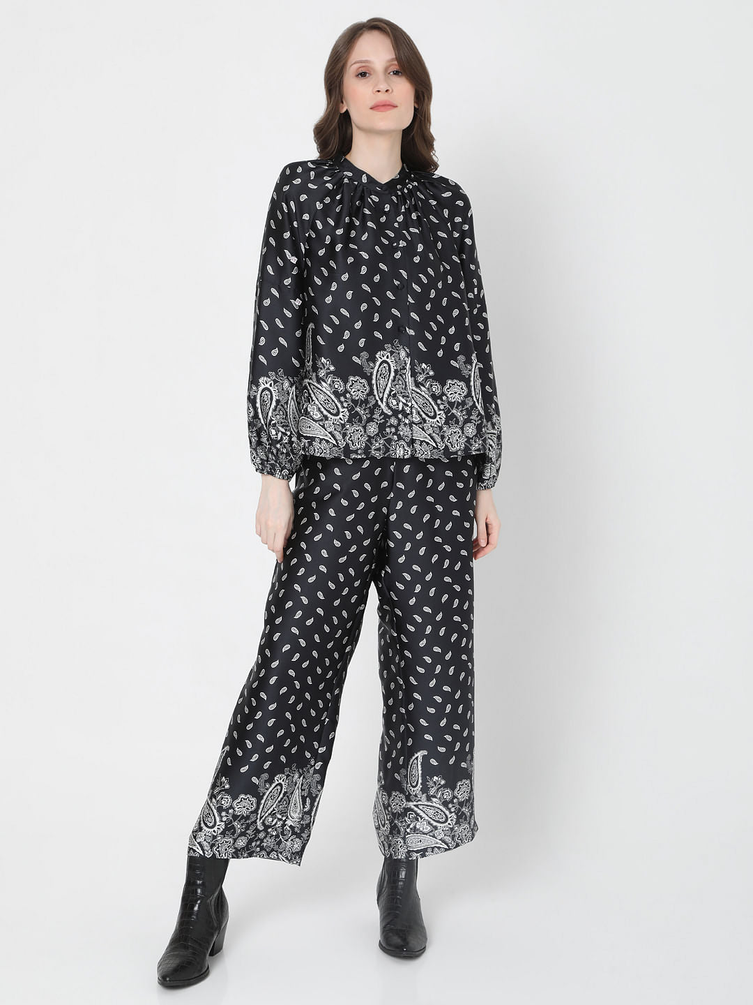 Black Paisley Print Co-Ord Top