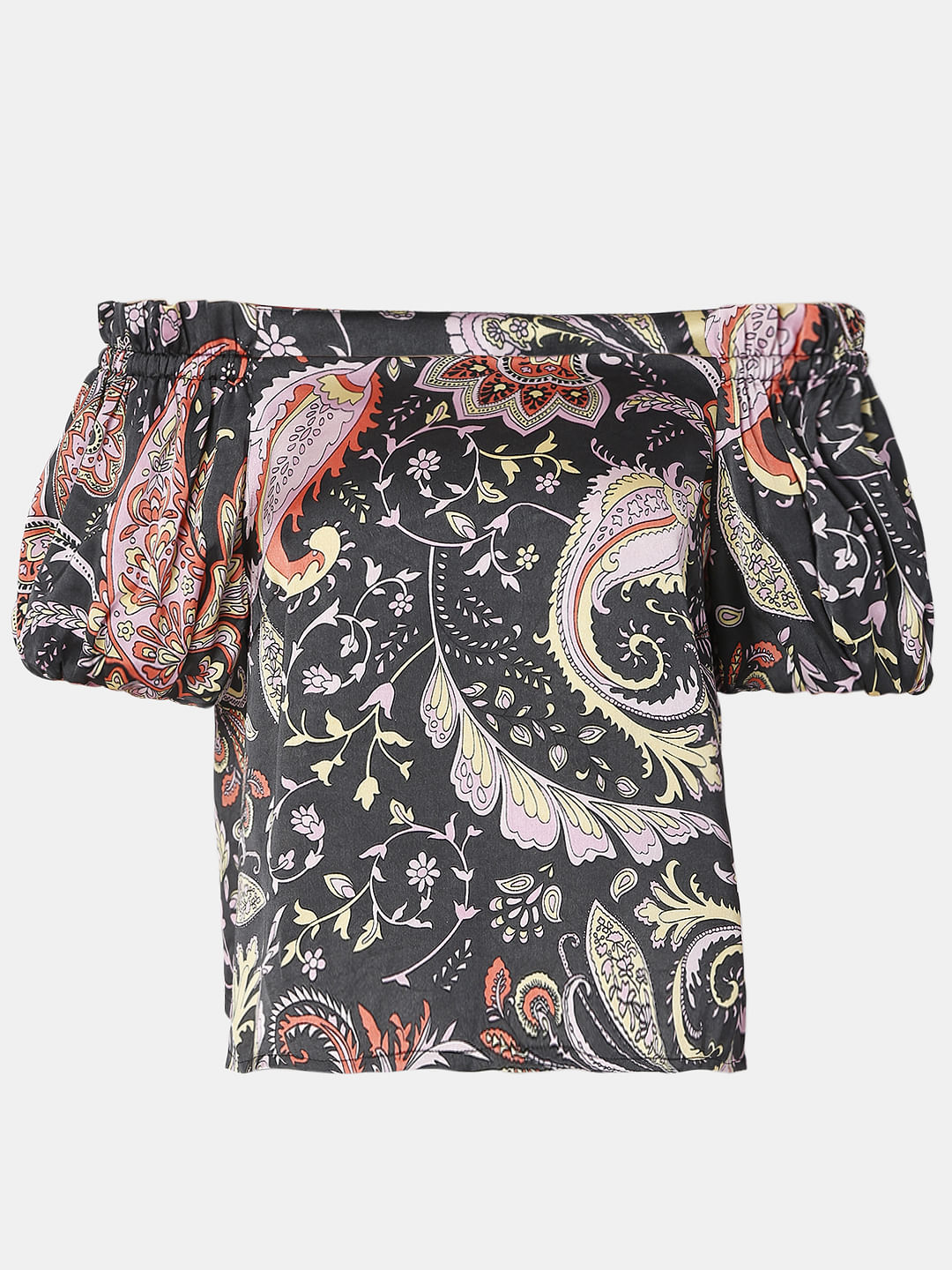 Black Paisley Print Off-Shoulder Top