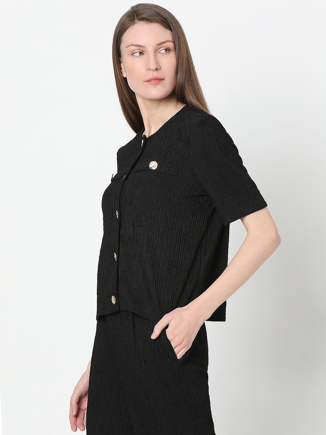 Black Knitted Textured Co-Ord Set Top