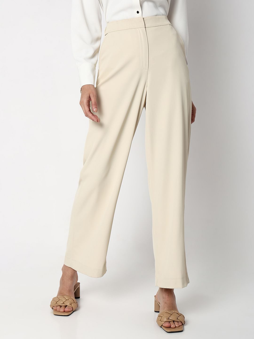 Beige High Rise Straight Fit Pants