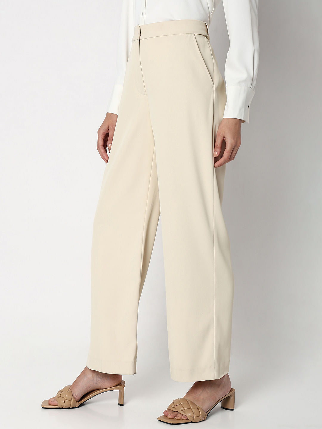 Beige High Rise Straight Fit Pants