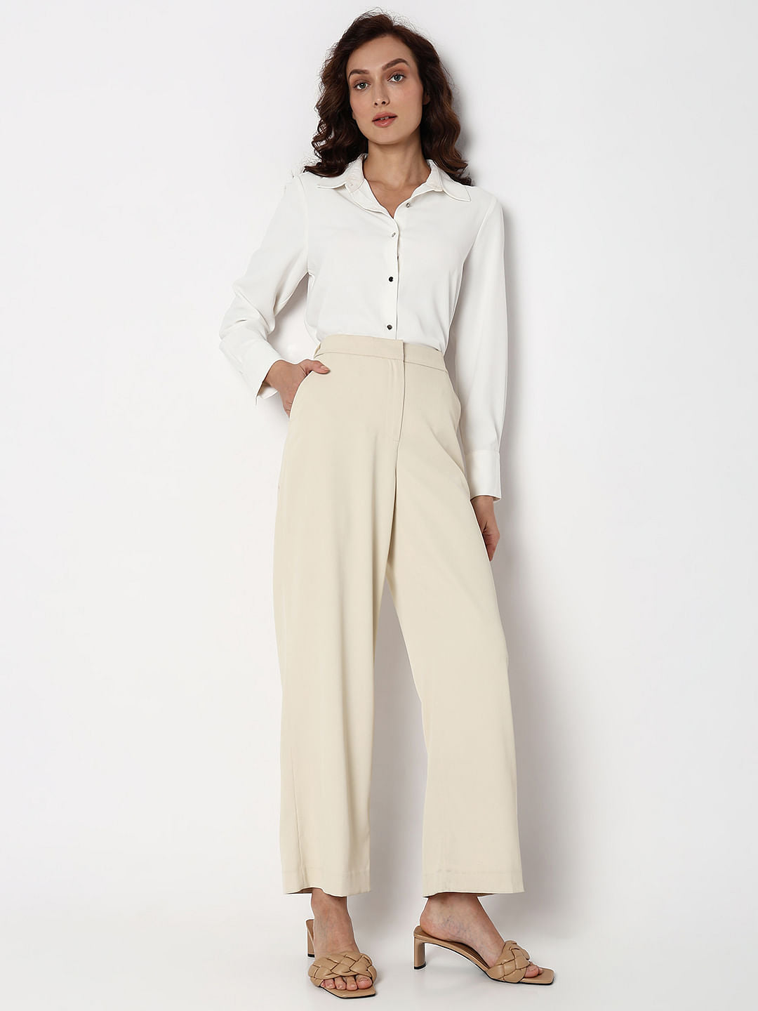 Beige High Rise Straight Fit Pants
