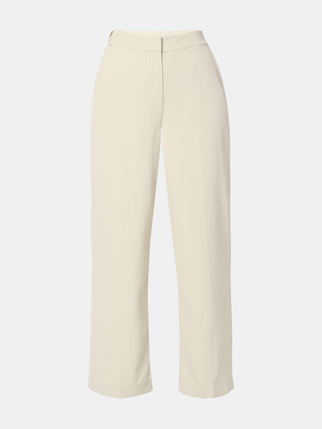 Beige High Rise Straight Fit Pants