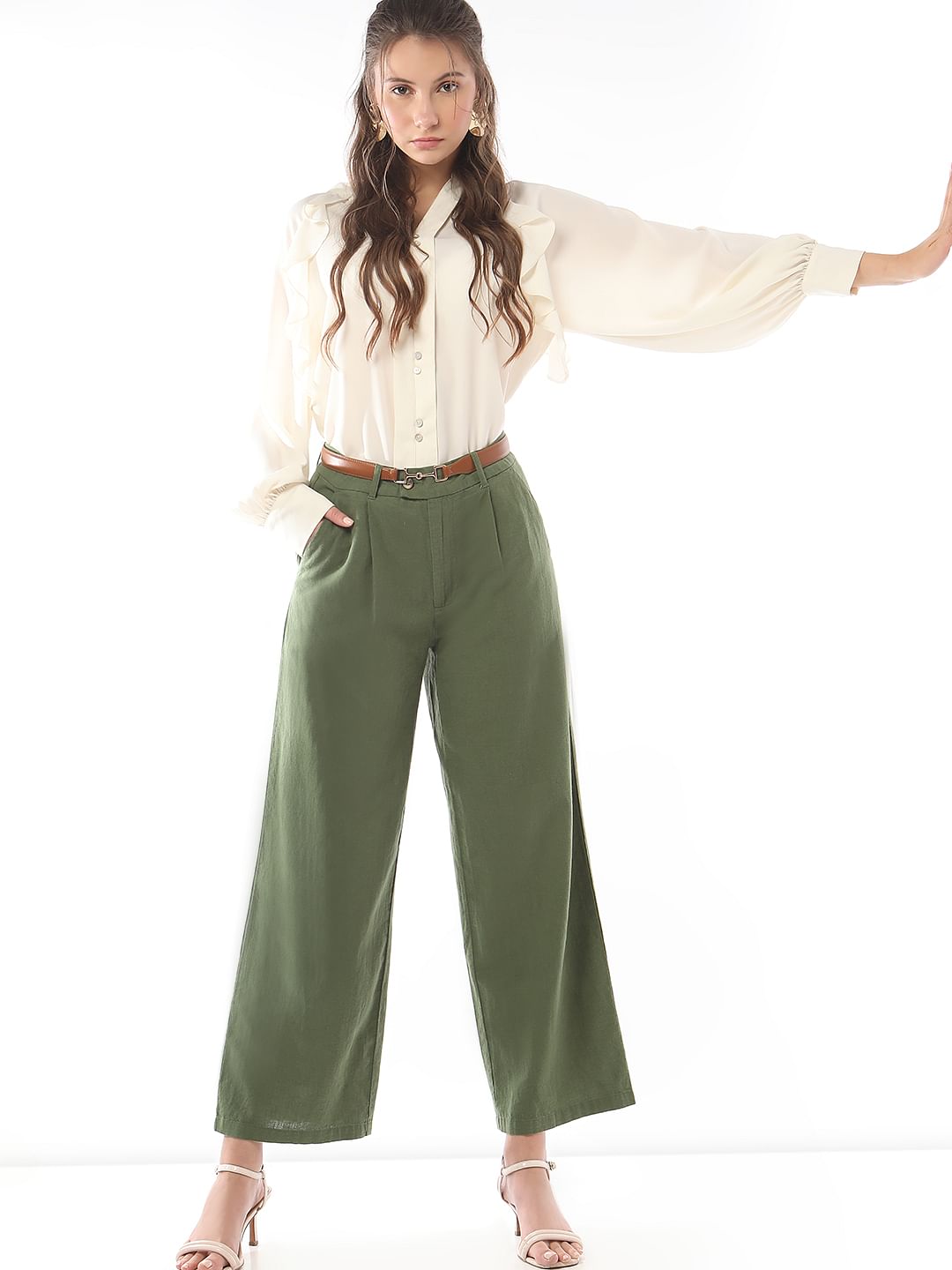 Green High Rise Linen Pants