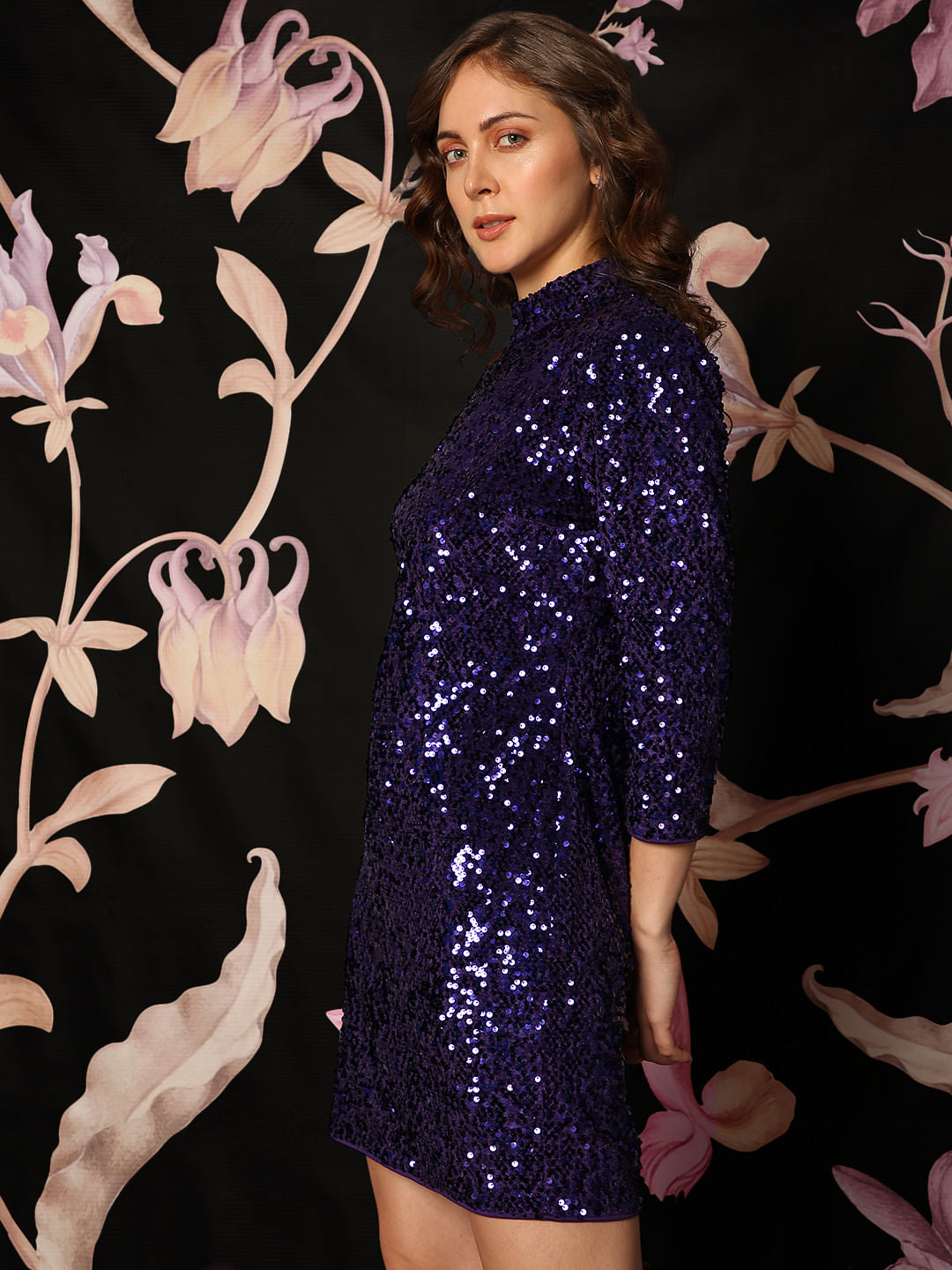 Marquee Deep Purple Sequin High Neck Mini Dress