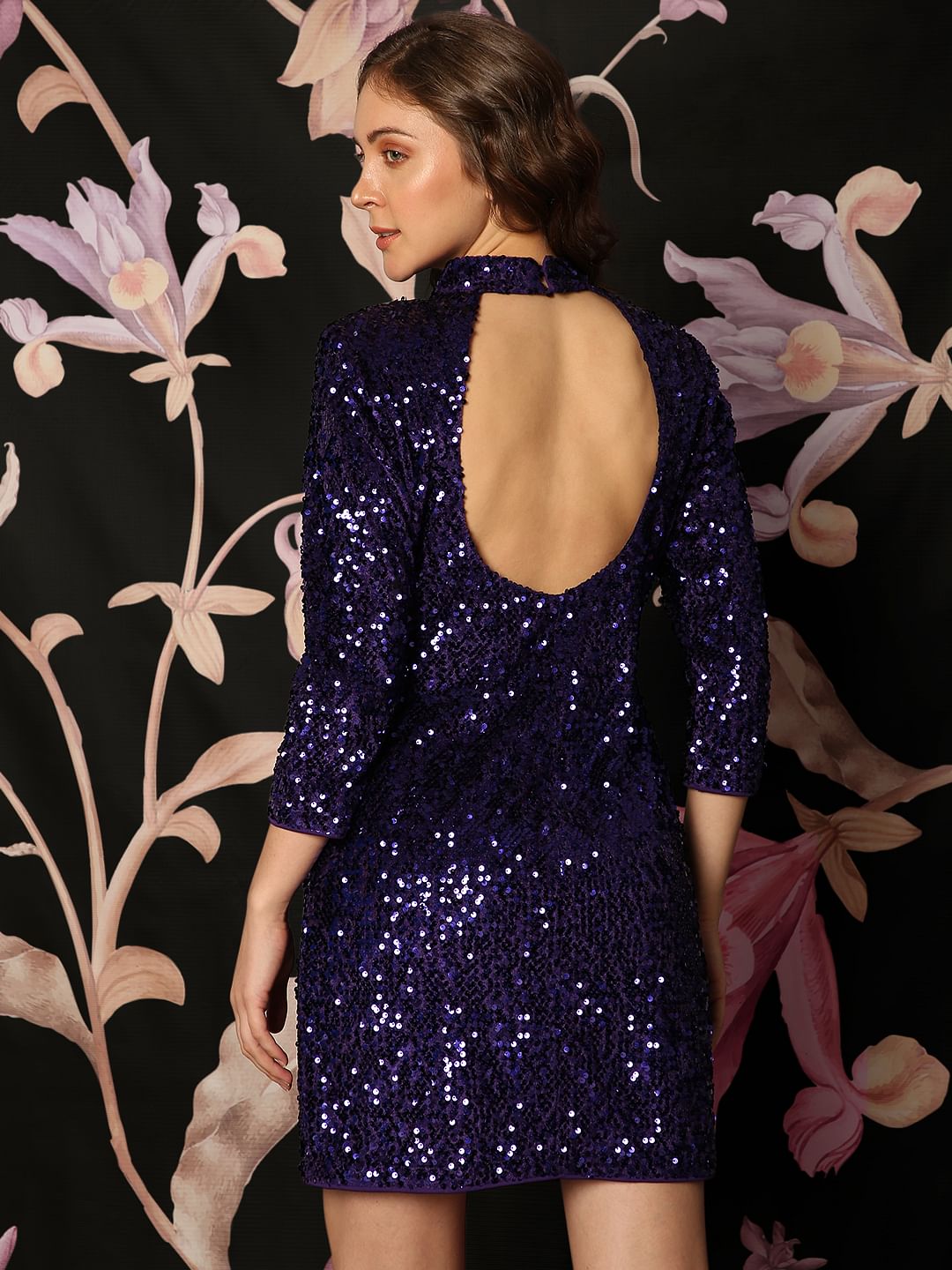 Marquee Deep Purple Sequin High Neck Mini Dress