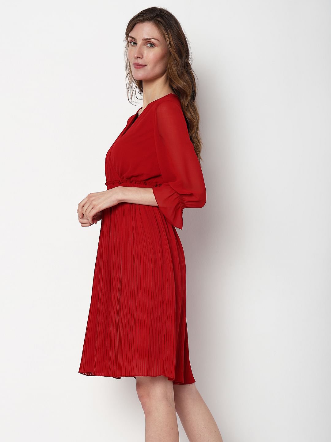 Red Pleated Fit & Flare Dress