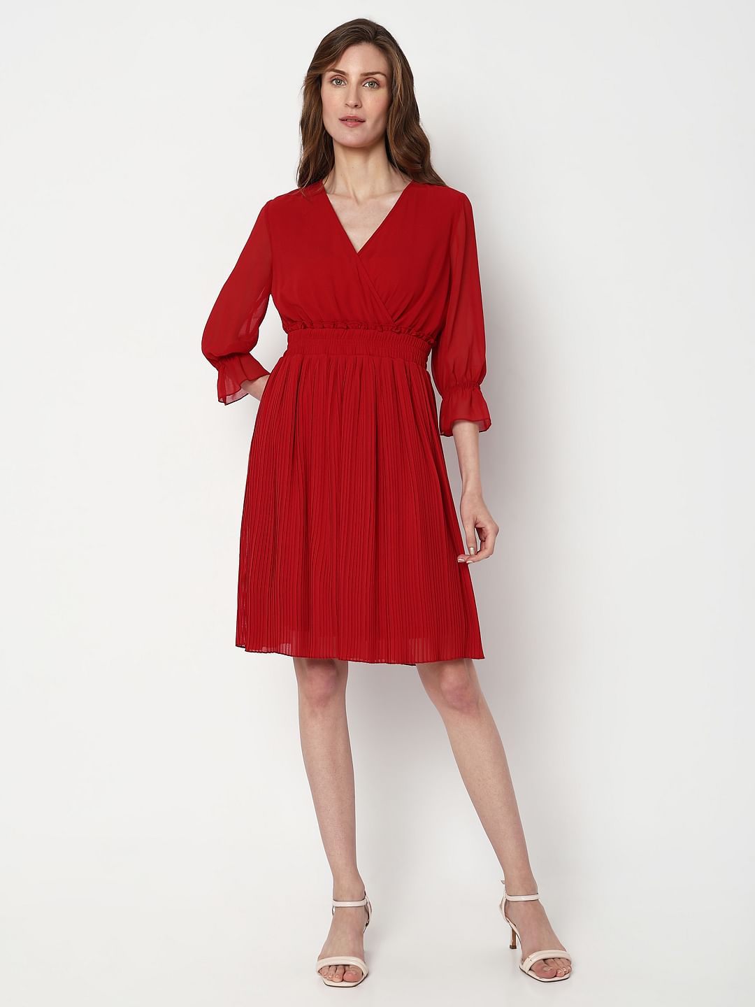 Red Pleated Fit & Flare Dress