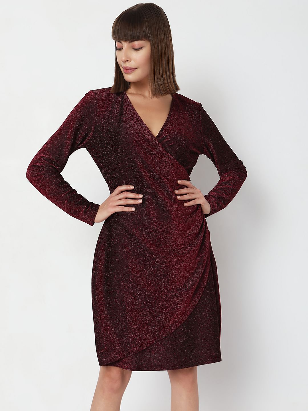 Wine Red Shimmer Wrap Dress