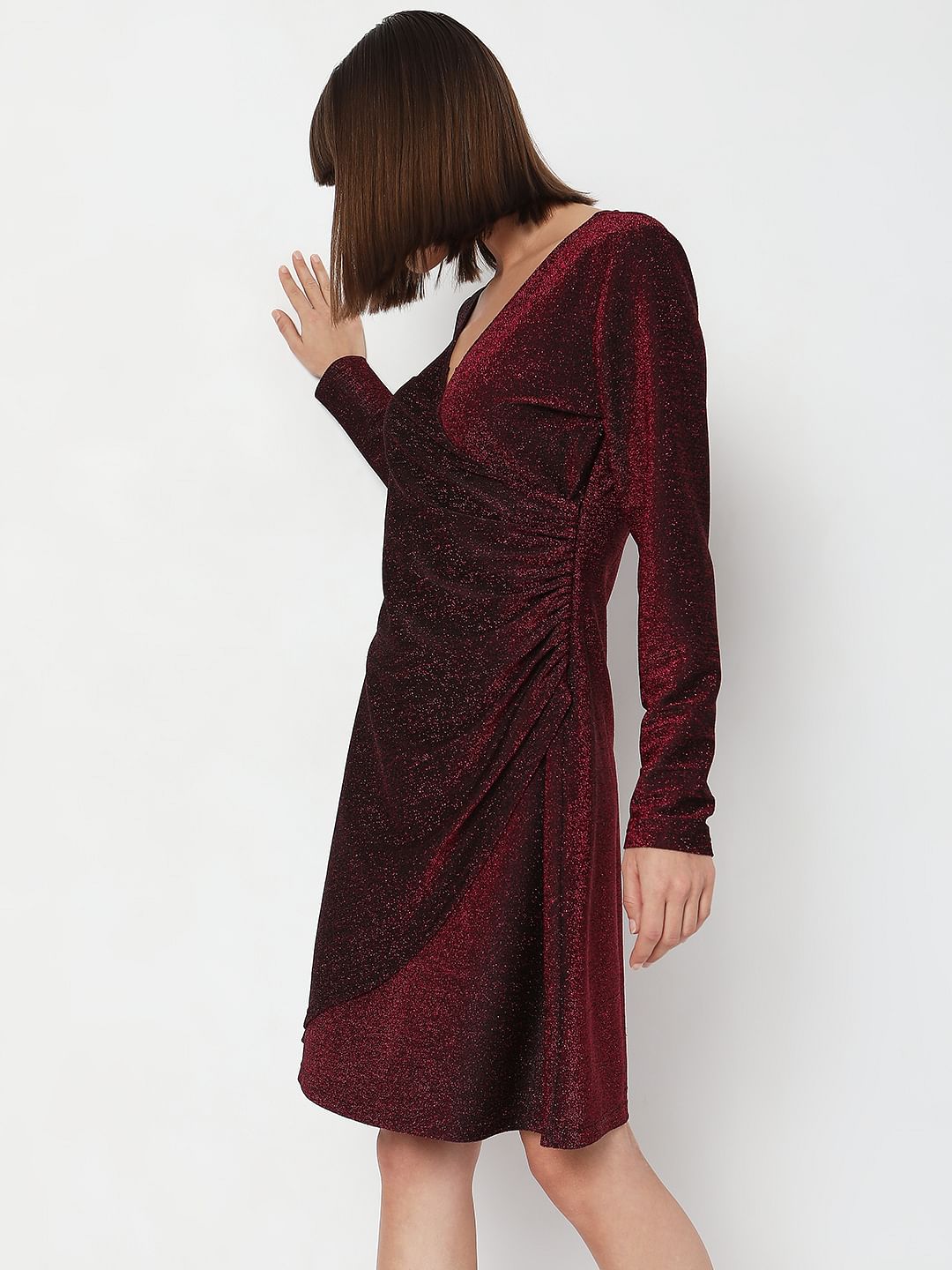 Wine Red Shimmer Wrap Dress