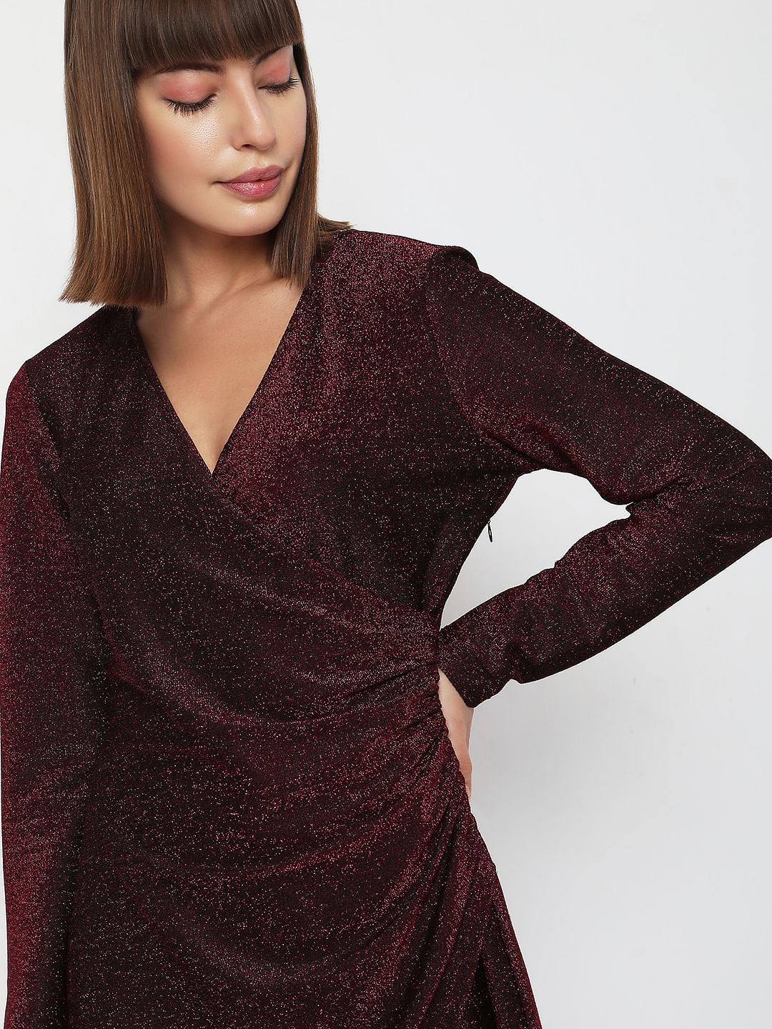 Wine Red Shimmer Wrap Dress