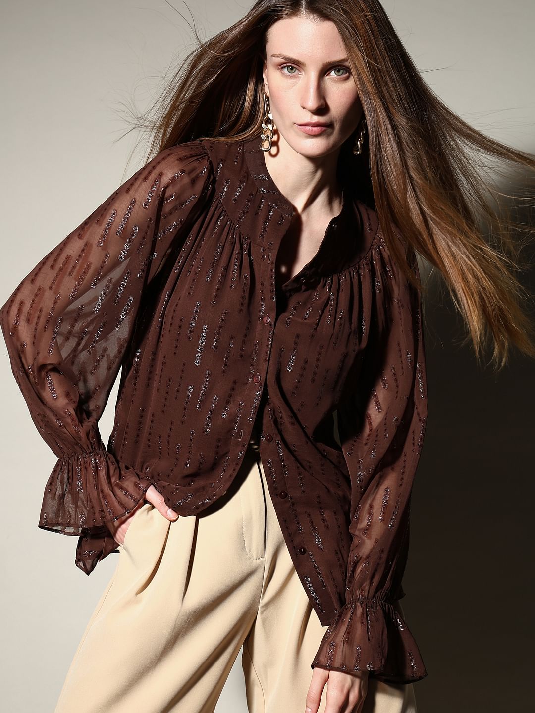 Dark Brown Lurex Sheer Sleeves Top